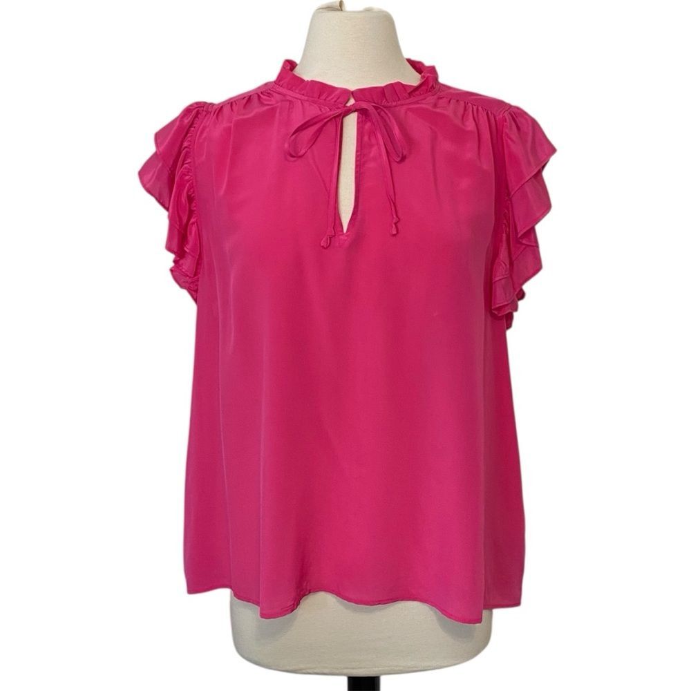 Vineyard Vines Blouse Women’s XL Hot Pink Silk Blend Ruffle Sleeve Tie Neck
